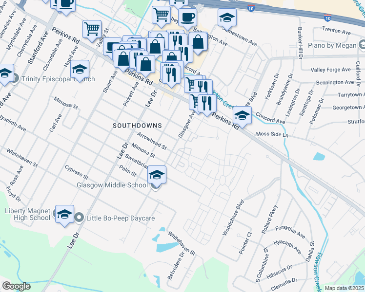 map of restaurants, bars, coffee shops, grocery stores, and more near 4775 Orchid Street in Baton Rouge