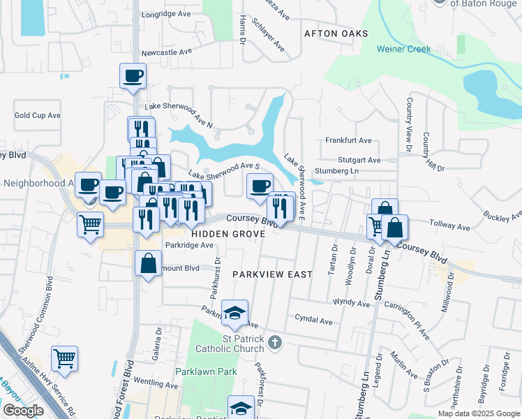 map of restaurants, bars, coffee shops, grocery stores, and more near 12177 Coursey Boulevard in Baton Rouge