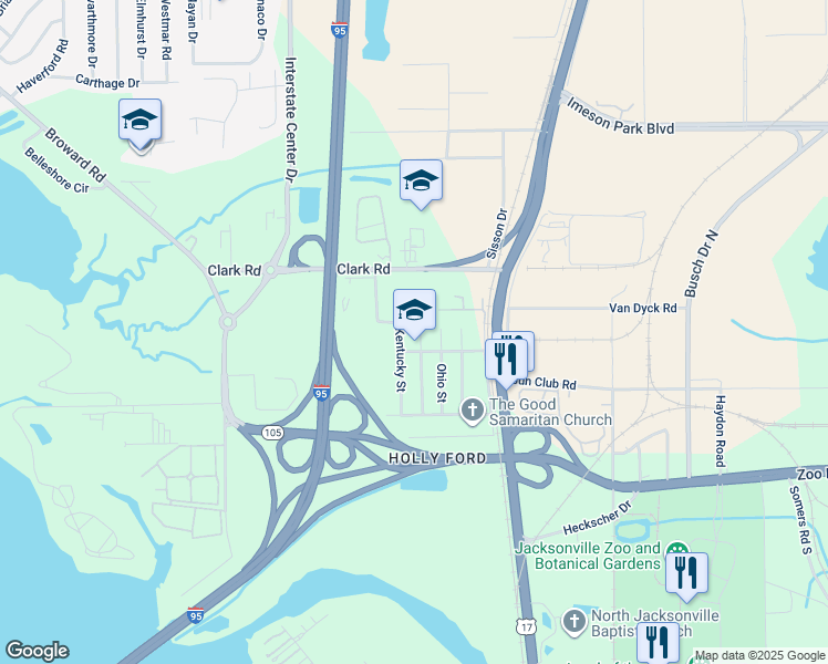 map of restaurants, bars, coffee shops, grocery stores, and more near 9530 Indiana Avenue in Jacksonville
