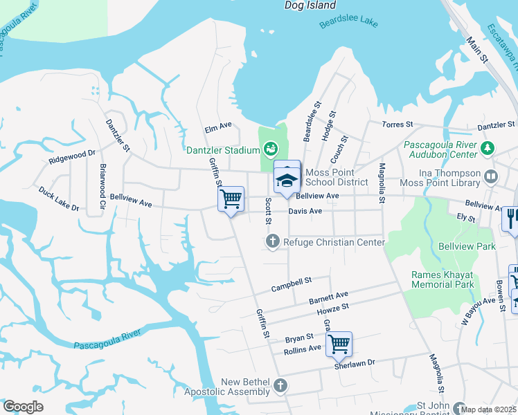 map of restaurants, bars, coffee shops, grocery stores, and more near 3302-3328 Bellview Ave in Moss Point