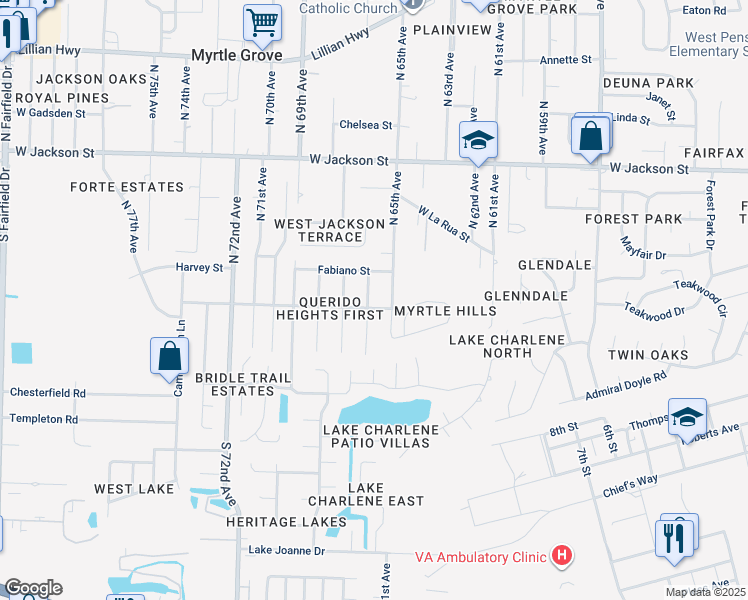 map of restaurants, bars, coffee shops, grocery stores, and more near 56 North 66th Avenue in Pensacola