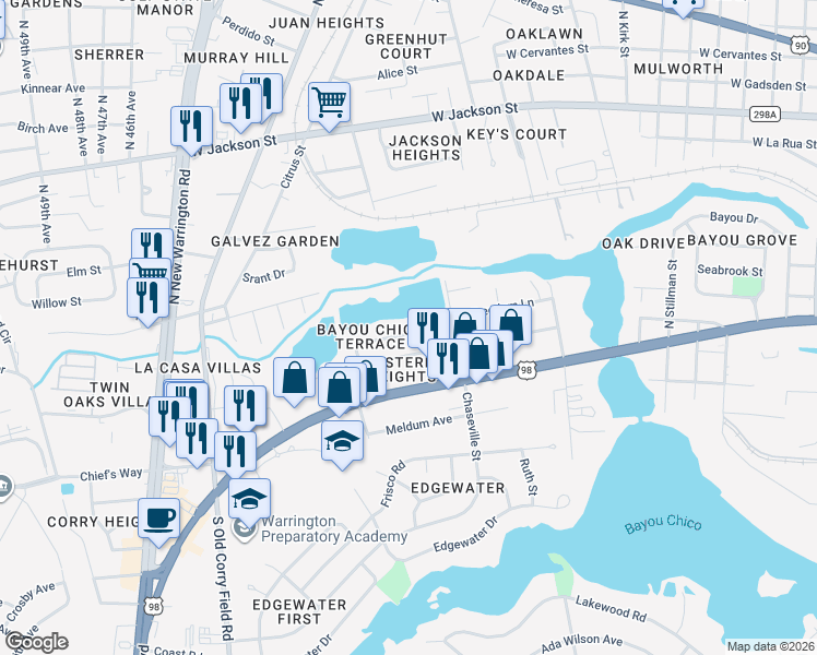map of restaurants, bars, coffee shops, grocery stores, and more near 212 Alton Road in Pensacola