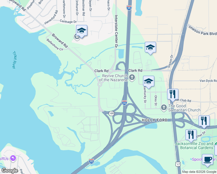 map of restaurants, bars, coffee shops, grocery stores, and more near Interstate Center Drive in Jacksonville