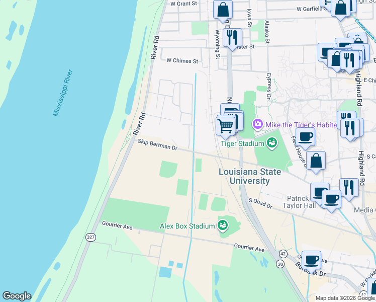 map of restaurants, bars, coffee shops, grocery stores, and more near Skip Bertman Drive in Baton Rouge