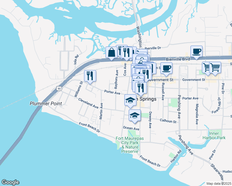 map of restaurants, bars, coffee shops, grocery stores, and more near Rayburn Avenue in Ocean Springs