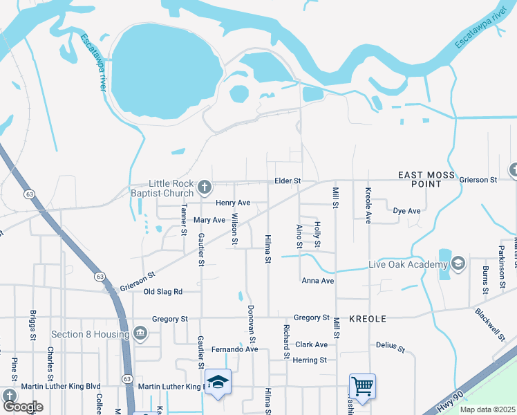 map of restaurants, bars, coffee shops, grocery stores, and more near 6707 Henry Avenue in Moss Point