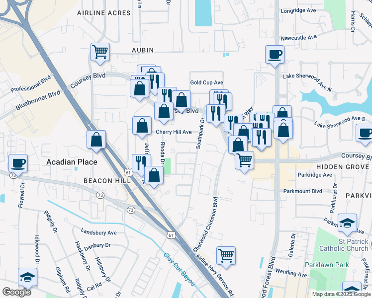map of restaurants, bars, coffee shops, grocery stores, and more near 10950 Leton Drive in Baton Rouge