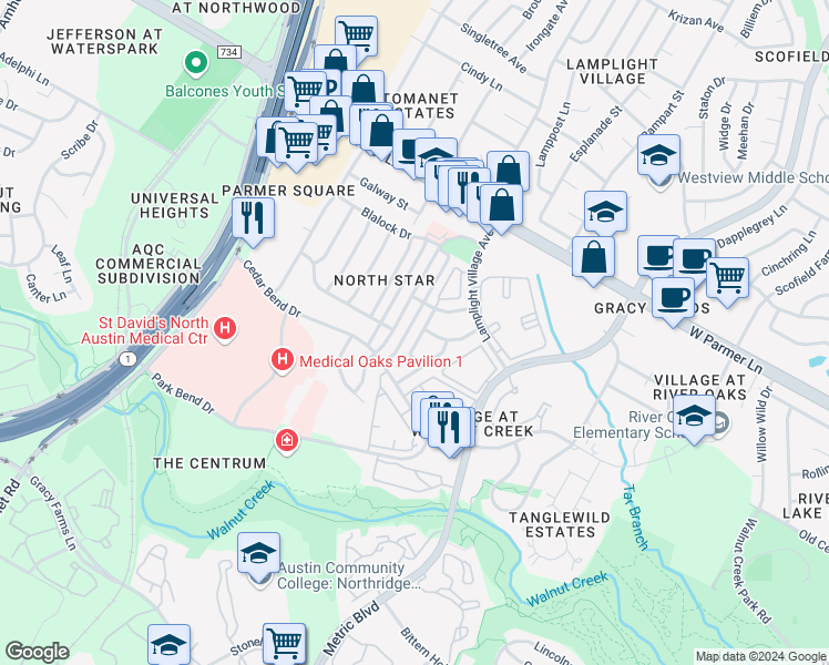 map of restaurants, bars, coffee shops, grocery stores, and more near 12317 Alderbrook Drive in Austin