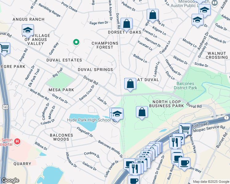 map of restaurants, bars, coffee shops, grocery stores, and more near 4300 Acropolis Court in Austin