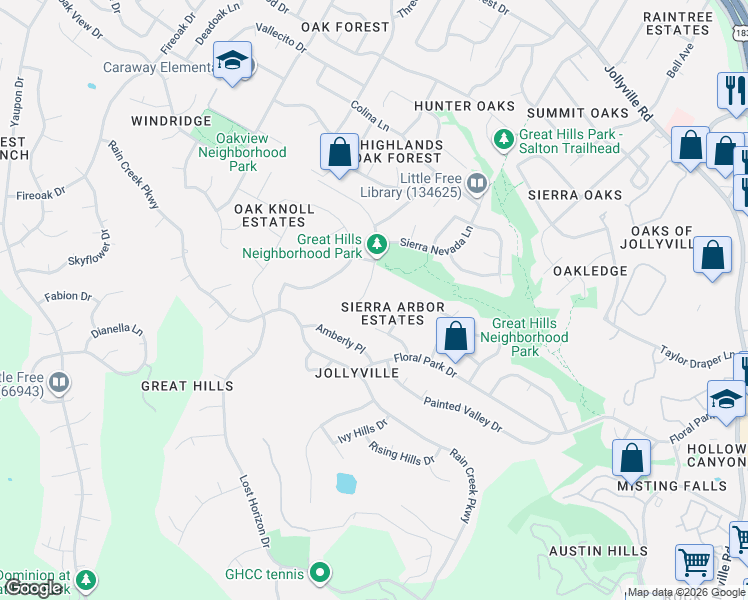 map of restaurants, bars, coffee shops, grocery stores, and more near 10700 Sierra Oaks in Austin