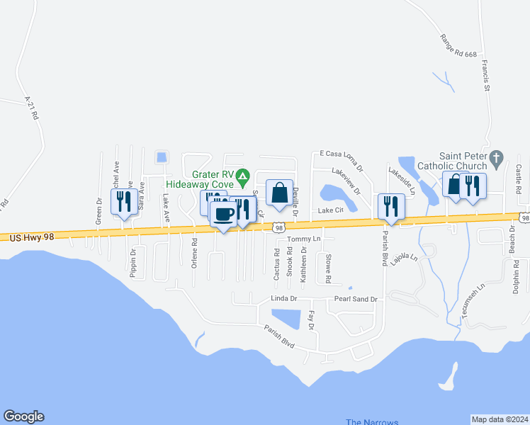 map of restaurants, bars, coffee shops, grocery stores, and more near 202 Seville Circle in Mary Esther