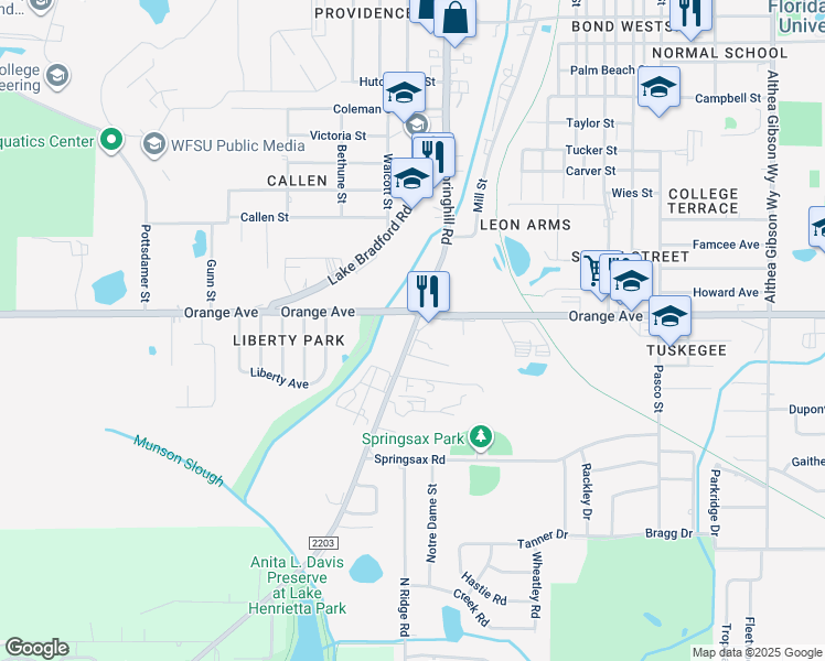 map of restaurants, bars, coffee shops, grocery stores, and more near 2616 Springhill Road in Tallahassee