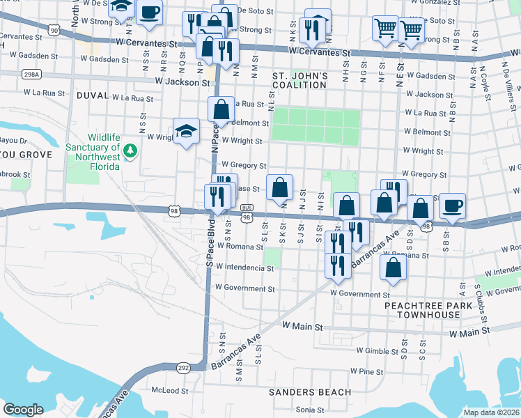 map of restaurants, bars, coffee shops, grocery stores, and more near 1906 West Garden Street in Pensacola