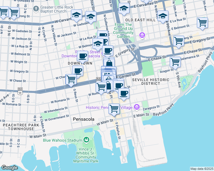 map of restaurants, bars, coffee shops, grocery stores, and more near 19 West Garden Street in Pensacola
