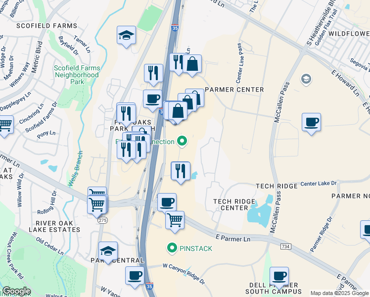 map of restaurants, bars, coffee shops, grocery stores, and more near 12625 North Interstate Highway 35 in Austin