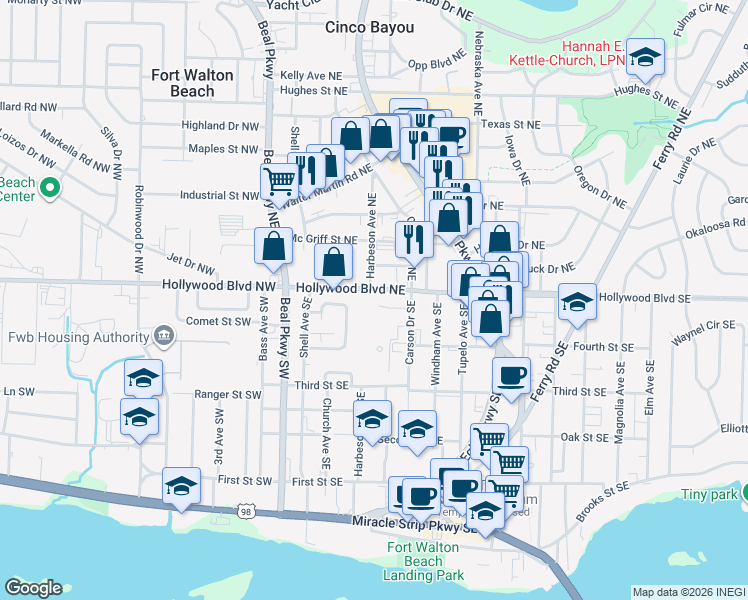 map of restaurants, bars, coffee shops, grocery stores, and more near in Fort Walton Beach