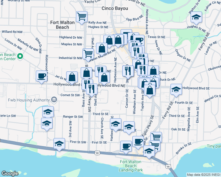 map of restaurants, bars, coffee shops, grocery stores, and more near 7 Hollywood Blvd NE in Fort Walton Beach