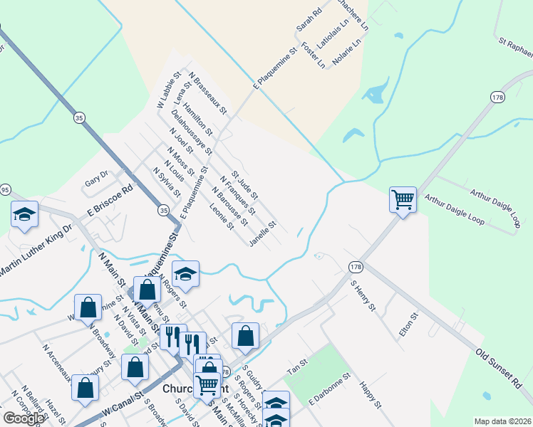 map of restaurants, bars, coffee shops, grocery stores, and more near 238-250 Saint Jude Street in Church Point
