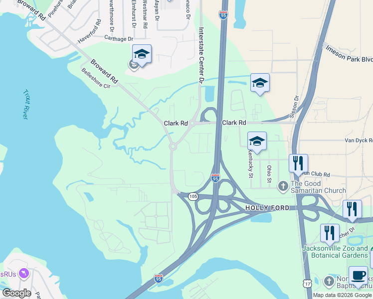 map of restaurants, bars, coffee shops, grocery stores, and more near Interstate Center Drive in Jacksonville