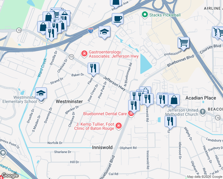 map of restaurants, bars, coffee shops, grocery stores, and more near 9304 Jefferson Highway in Baton Rouge