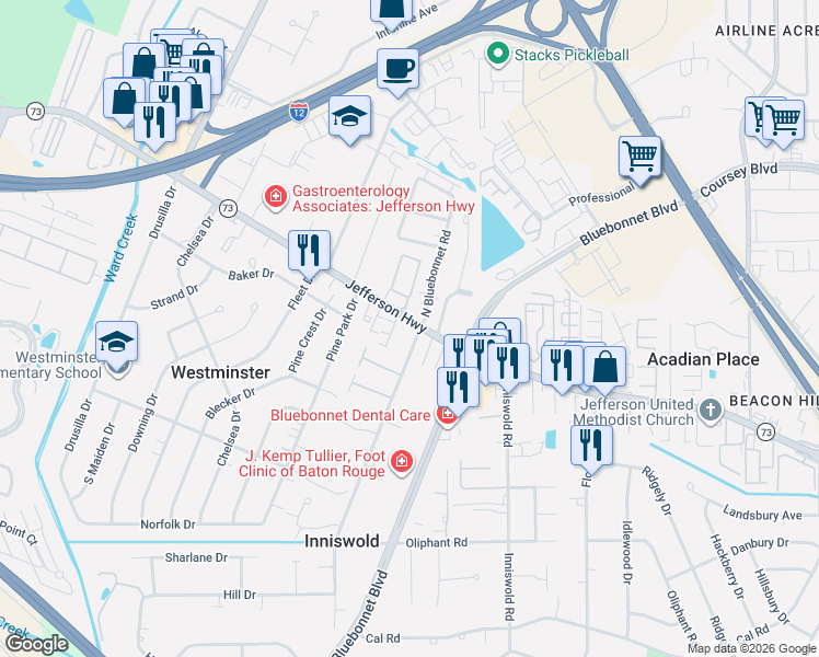 map of restaurants, bars, coffee shops, grocery stores, and more near 9304 Jefferson Highway in Baton Rouge