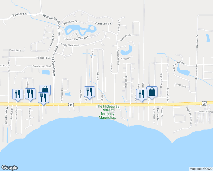 map of restaurants, bars, coffee shops, grocery stores, and more near 2176 Hadleigh Hills Court in Navarre