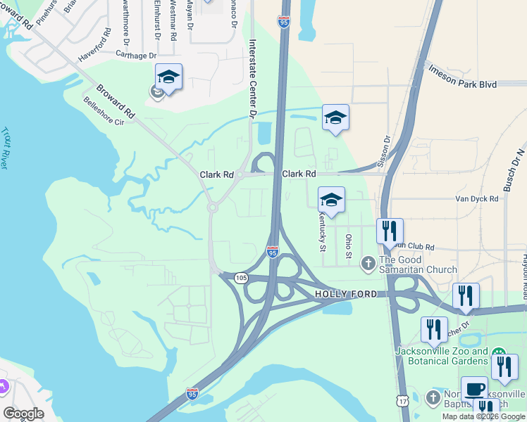map of restaurants, bars, coffee shops, grocery stores, and more near Interstate 95 in Jacksonville