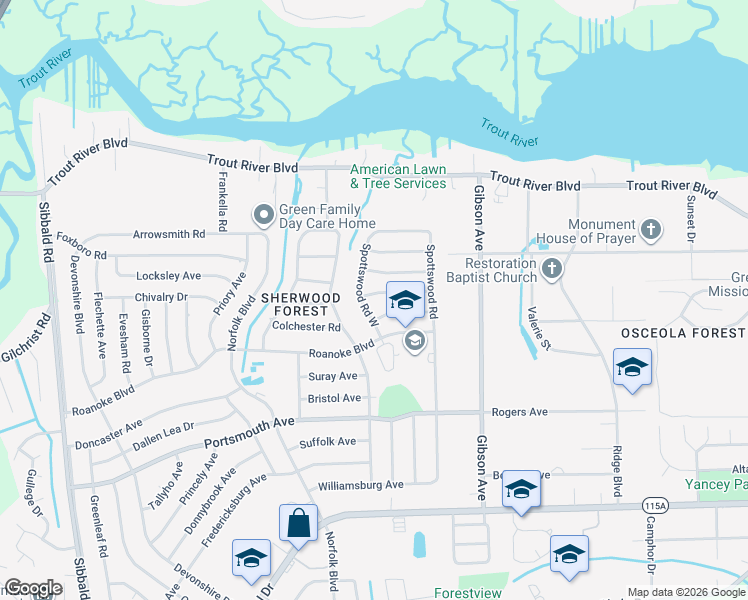 map of restaurants, bars, coffee shops, grocery stores, and more near 9617 Spottswood Road North in Jacksonville