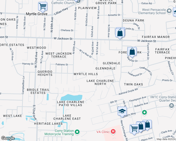 map of restaurants, bars, coffee shops, grocery stores, and more near 6422 Myrtle Hill Circle in Pensacola