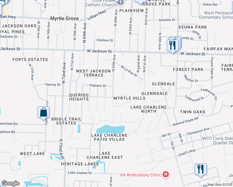 map of restaurants, bars, coffee shops, grocery stores, and more near 46 North 65th Avenue in Pensacola