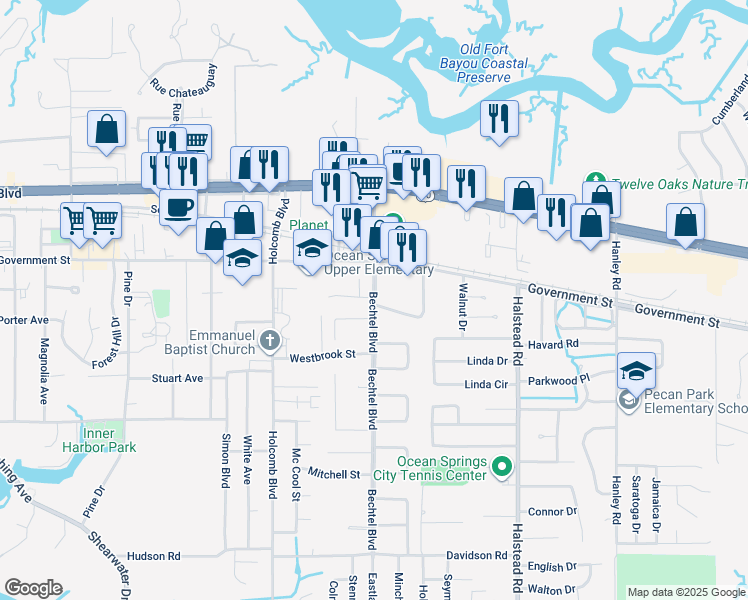 map of restaurants, bars, coffee shops, grocery stores, and more near 508 Heatherstone Circle in Ocean Springs