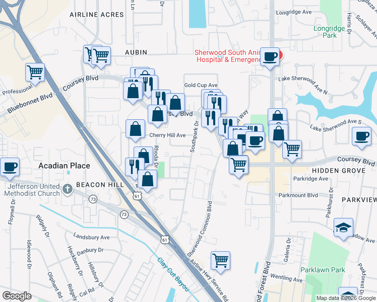 map of restaurants, bars, coffee shops, grocery stores, and more near 10950 Leton Drive in Baton Rouge