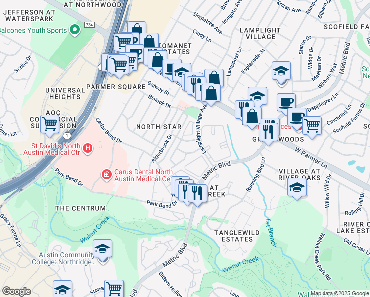 map of restaurants, bars, coffee shops, grocery stores, and more near 2009 Pipers Field Drive in Austin