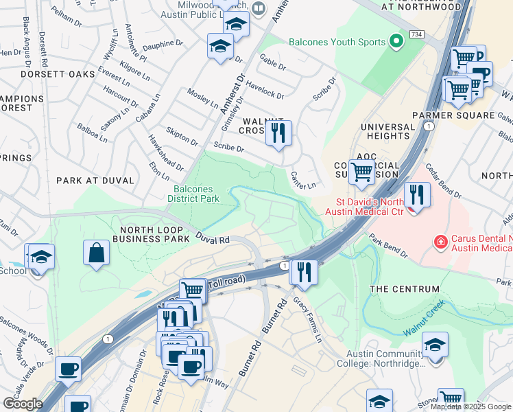 map of restaurants, bars, coffee shops, grocery stores, and more near 3220 Duval Road in Austin