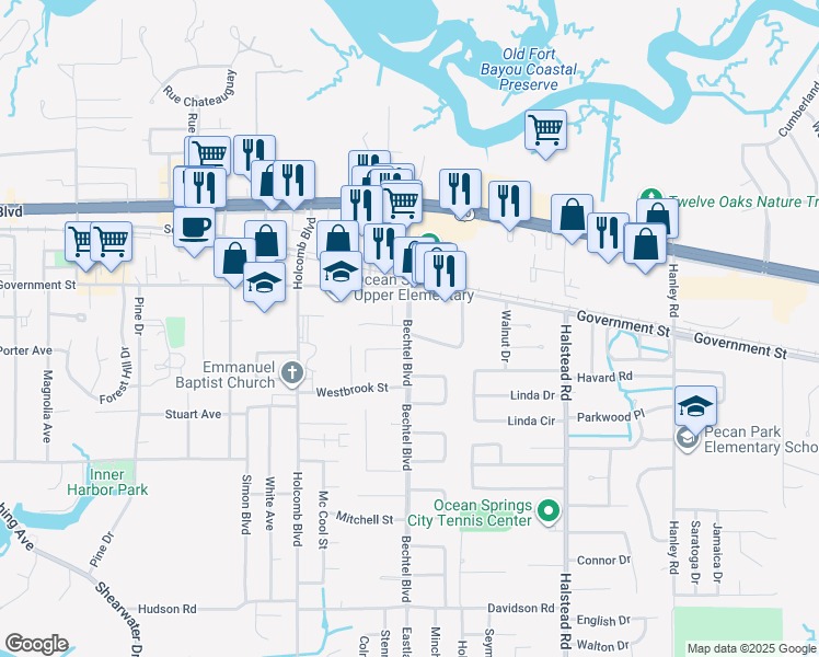 map of restaurants, bars, coffee shops, grocery stores, and more near 508 Heatherstone Circle in Ocean Springs