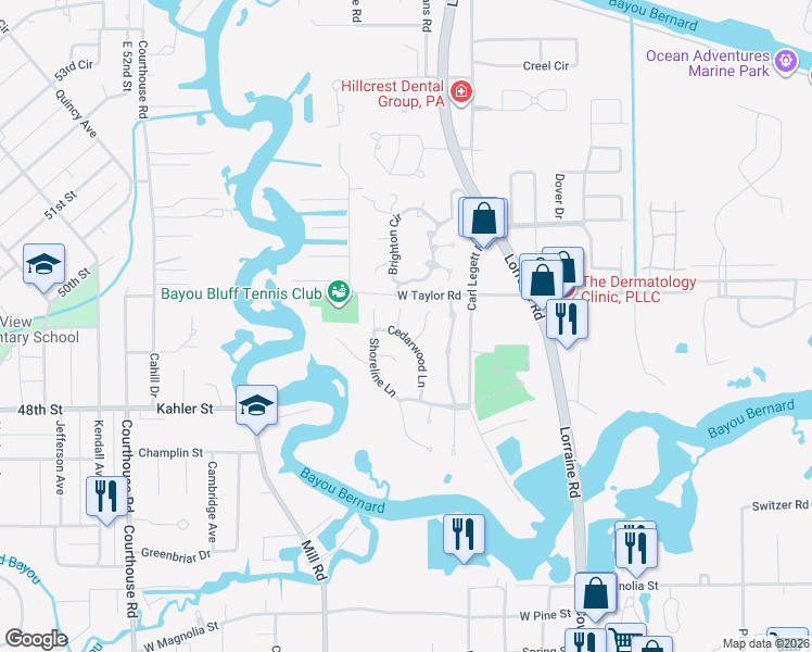 map of restaurants, bars, coffee shops, grocery stores, and more near 6 Pine Haven Street in Gulfport