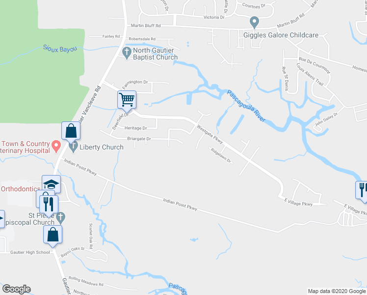 map of restaurants, bars, coffee shops, grocery stores, and more near 2101 Briargate Drive in Gautier