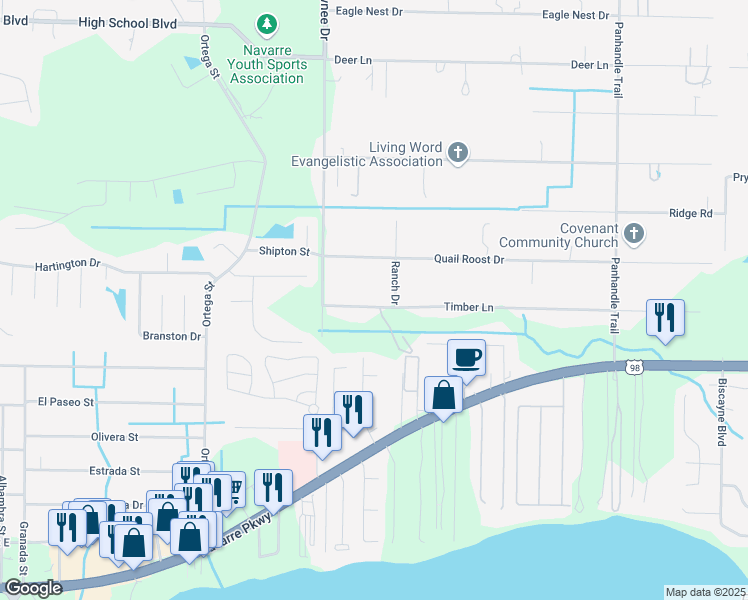 map of restaurants, bars, coffee shops, grocery stores, and more near 8950 Timber Lane in Navarre