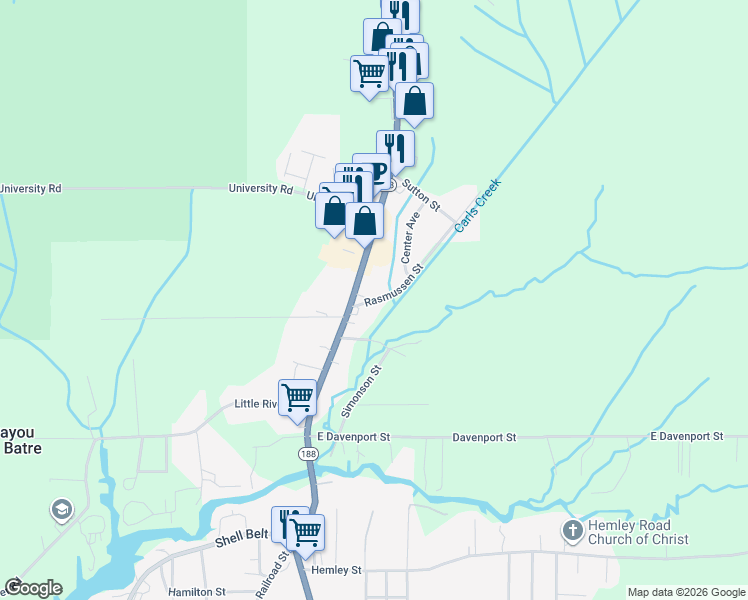 map of restaurants, bars, coffee shops, grocery stores, and more near 154 Rasmussen Street in Bayou La Batre