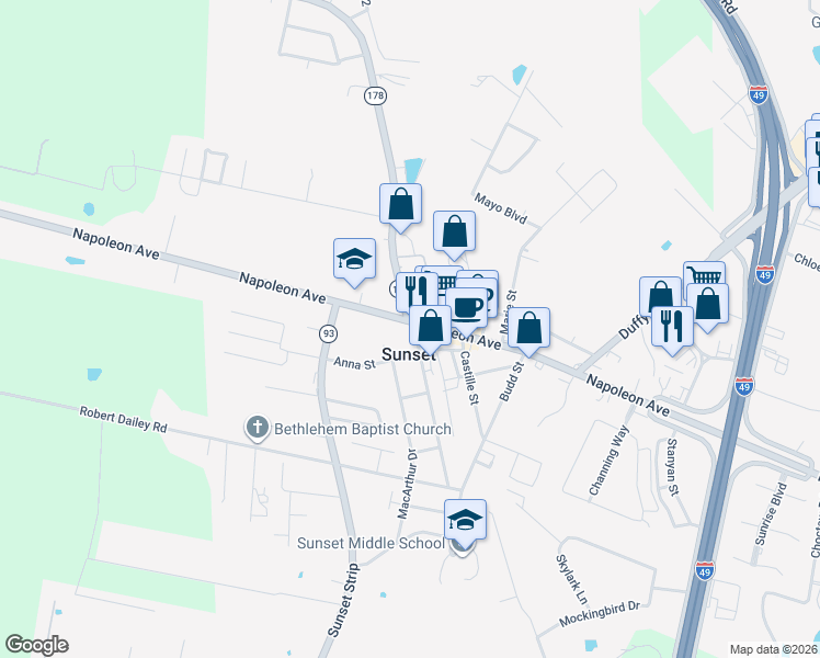 map of restaurants, bars, coffee shops, grocery stores, and more near 447 Pershing Hwy in Sunset