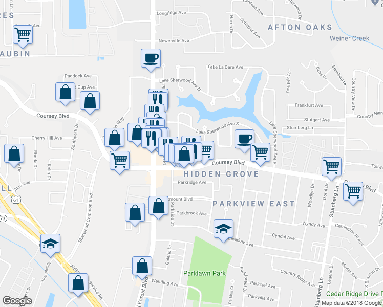 map of restaurants, bars, coffee shops, grocery stores, and more near 4498 Lake Larto Circle in Baton Rouge