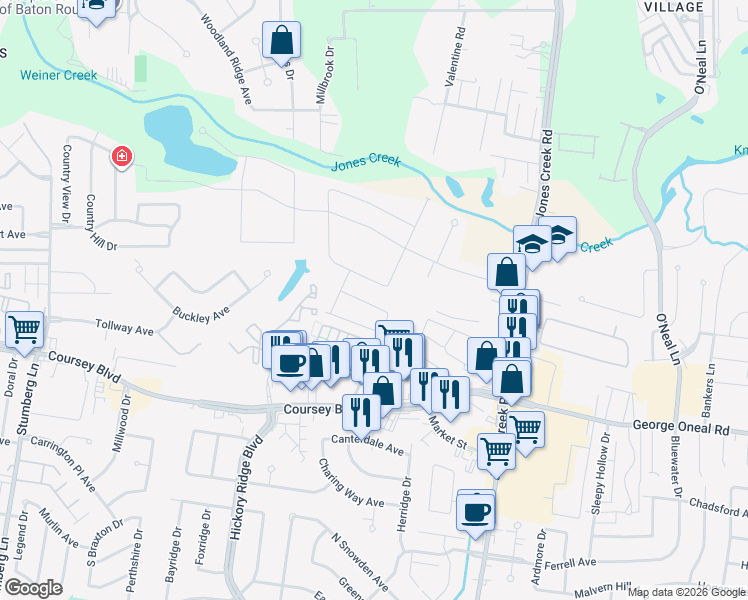 map of restaurants, bars, coffee shops, grocery stores, and more near 14221 Watercrest Lane in Baton Rouge
