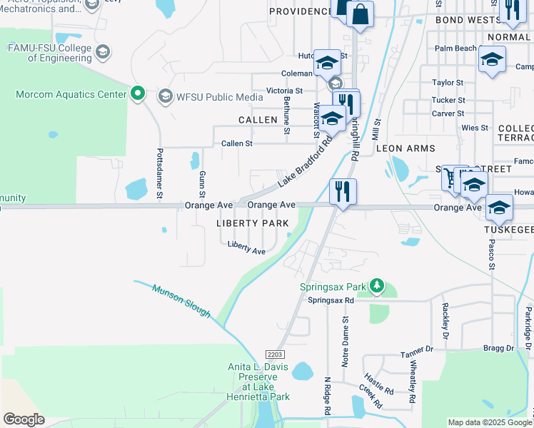 map of restaurants, bars, coffee shops, grocery stores, and more near 2705 Lake Henrietta Street in Tallahassee