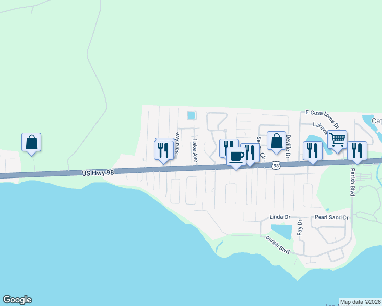 map of restaurants, bars, coffee shops, grocery stores, and more near 2496 US Highway 98 in Mary Esther