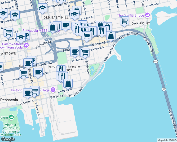 map of restaurants, bars, coffee shops, grocery stores, and more near 200 South 9th Avenue in Pensacola