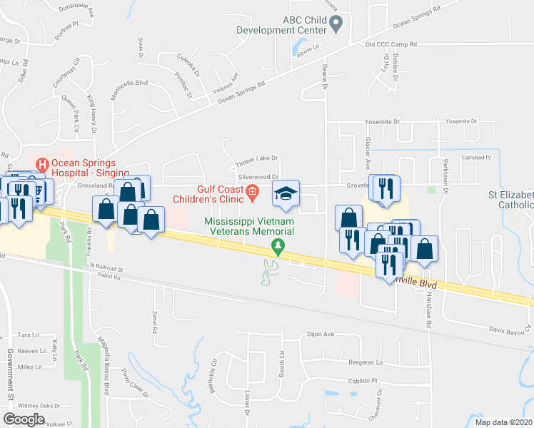 map of restaurants, bars, coffee shops, grocery stores, and more near 3701 Bienville Boulevard in Ocean Springs