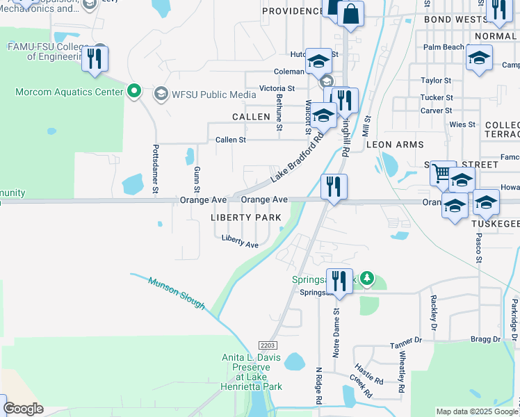 map of restaurants, bars, coffee shops, grocery stores, and more near 2705 Lake Henrietta Street in Tallahassee