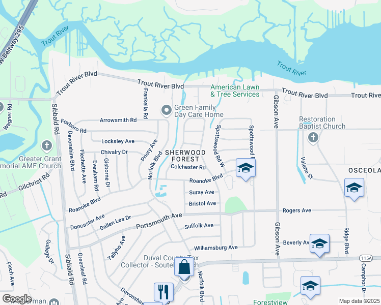 map of restaurants, bars, coffee shops, grocery stores, and more near 4631 Effingham Road in Jacksonville