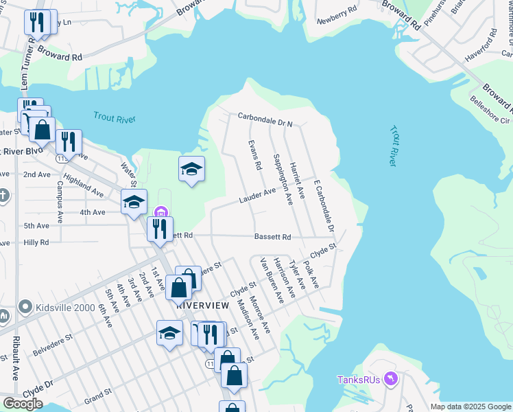 map of restaurants, bars, coffee shops, grocery stores, and more near 1666 Lauder Avenue in Jacksonville