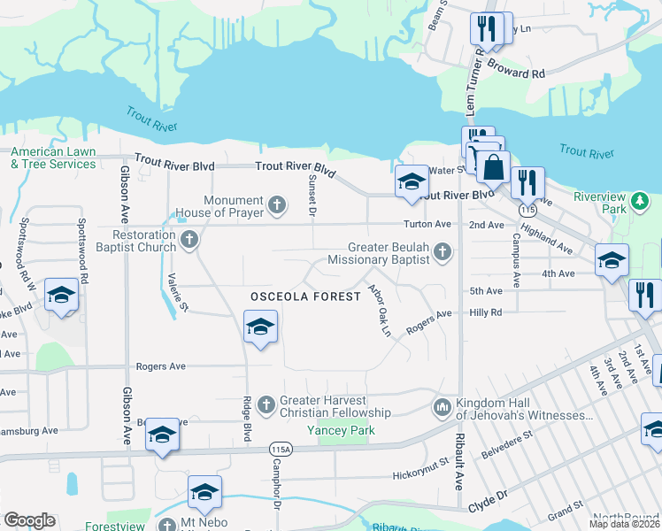 map of restaurants, bars, coffee shops, grocery stores, and more near 3209 Garden Brook Road in Jacksonville